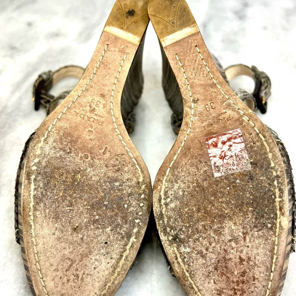 Prada Snakeskin Striped Wooden Heel Wedge Sandal - Picture 11 of 15